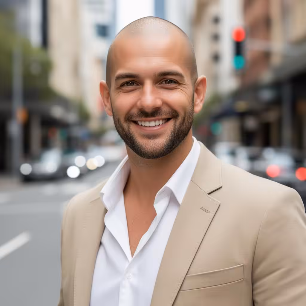 Smiling man in a suit outdoors.